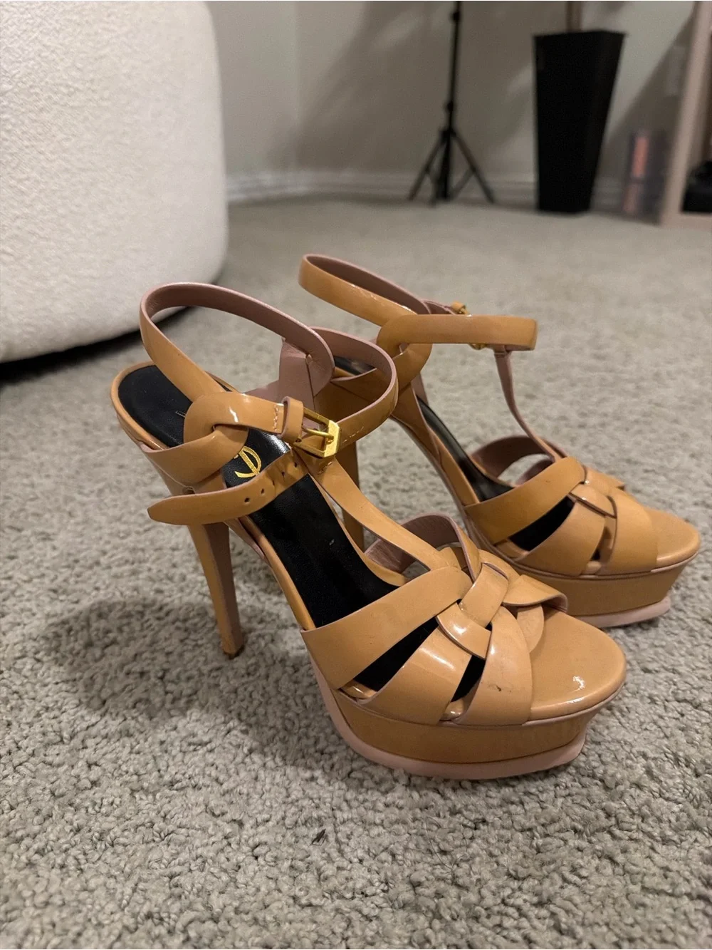 Yves Saint Laurent Tan Leather Woven Slingback Heels